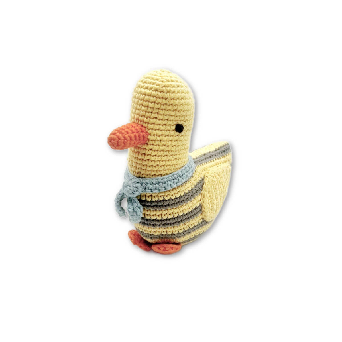 crochet baby rattle in yellow duck design by pebblechild