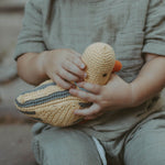 crochet baby rattle in yellow duck design by pebblechild