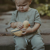 crochet baby rattle in yellow duck design by pebblechild