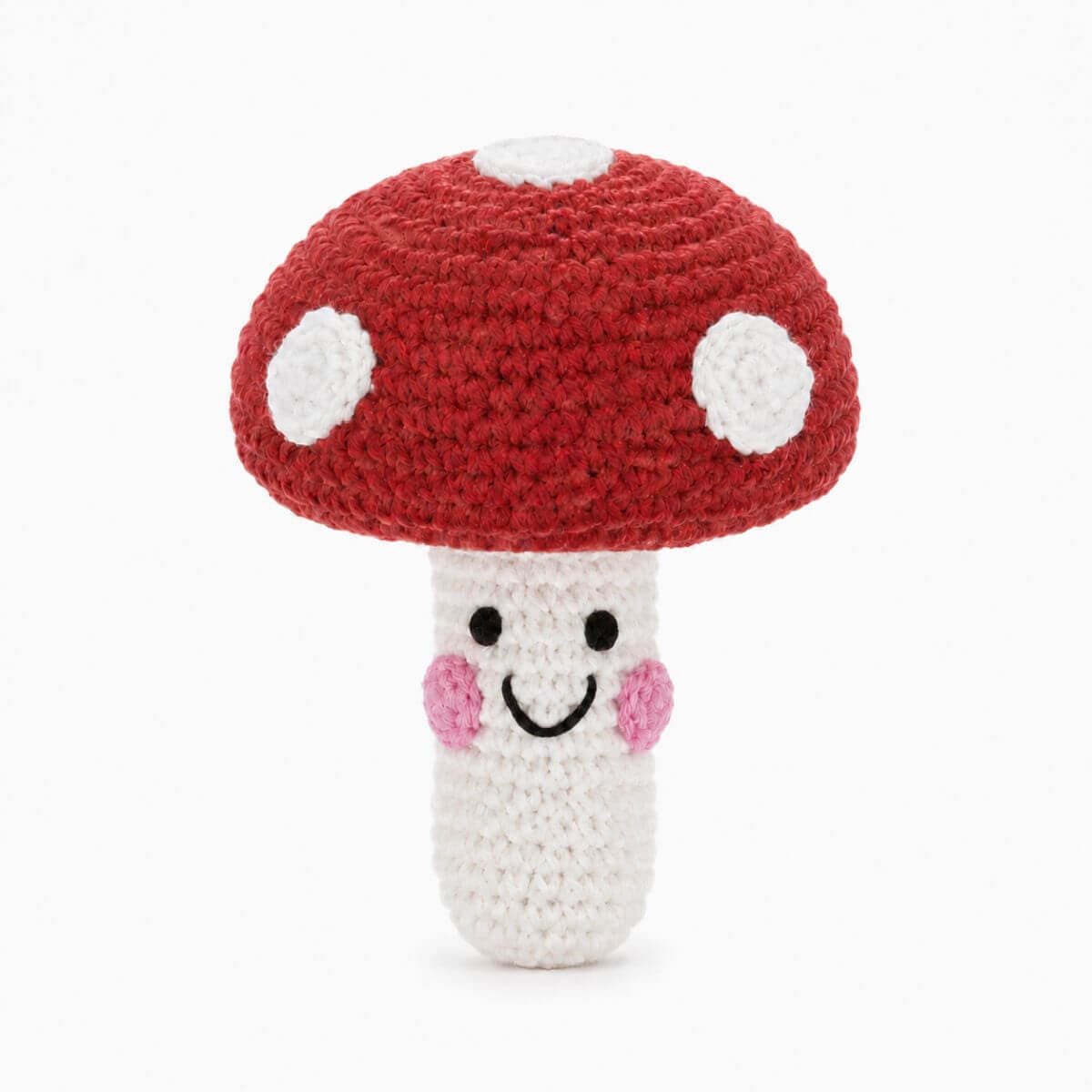 crochet soft wool baby rattle in toadstool design