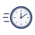 A stylized clock icon with a dark blue outer ring, a white face, and dark blue hands, accompanied by two short dark blue lines on the left, shown on a plain white background.