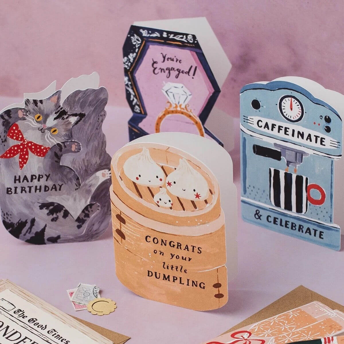 Dumpling New Baby card by Sister Paper Co. featuring three illustrated dumplings in a bamboo steamer with text congrats on your little dumpling