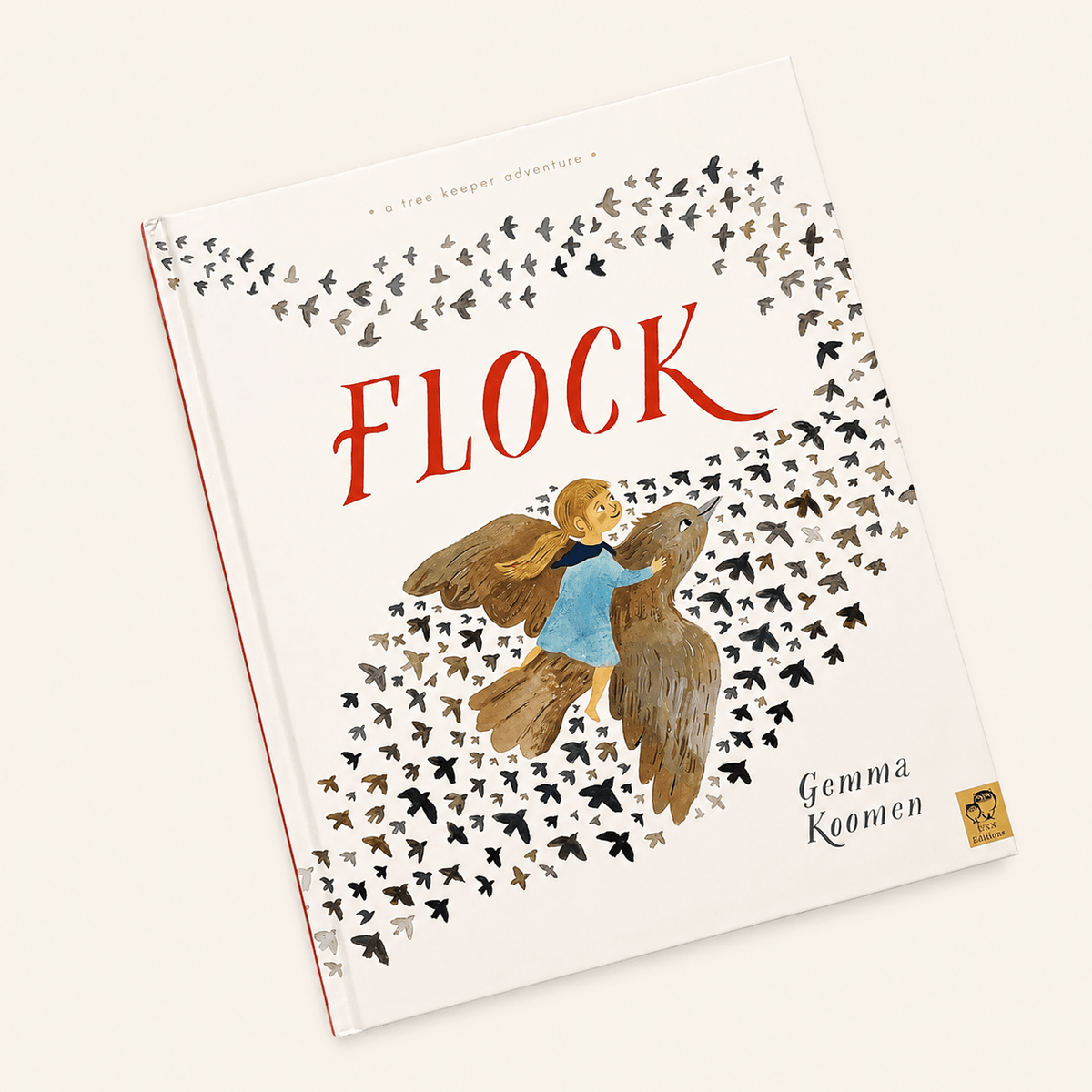 The book cover of 'Flock' by Gemma Keemen, featuring an illustration of a child in a blue dress flying among a large flock of birds. The title 'FLOCK' is written in large red letters, and the author's name is printed in black at the bottom right.