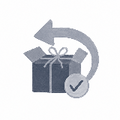 A stylized gray illustration of an open gift box tied with a bow, with a curved arrow looping above it and a round check mark badge in front, on a plain white background.