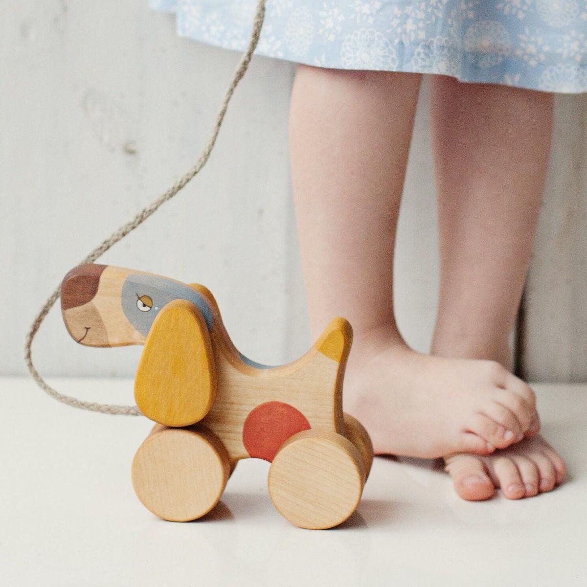 friendly toys wooden pull along dog toddler toy