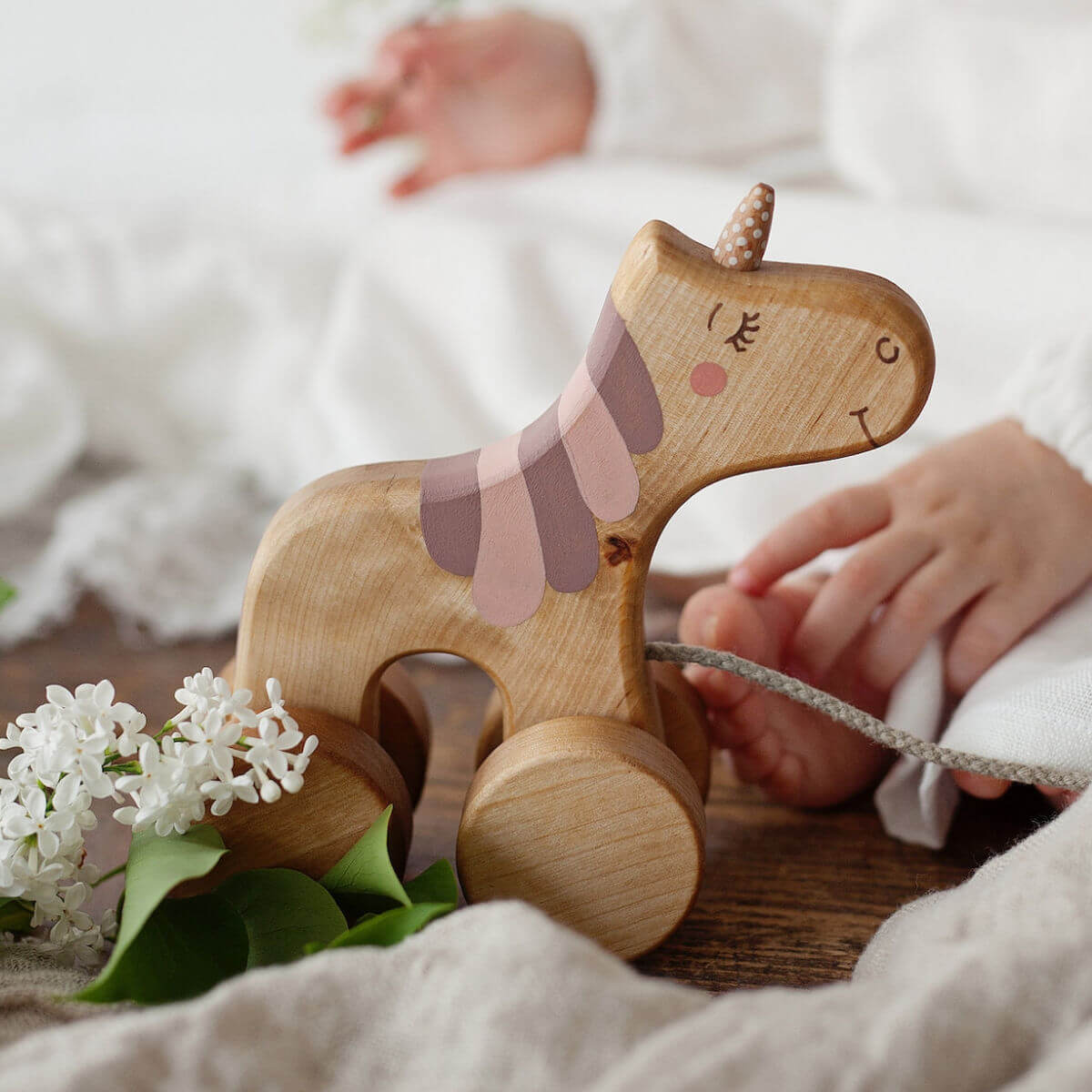friendly toys wooden pull along toy unicorn