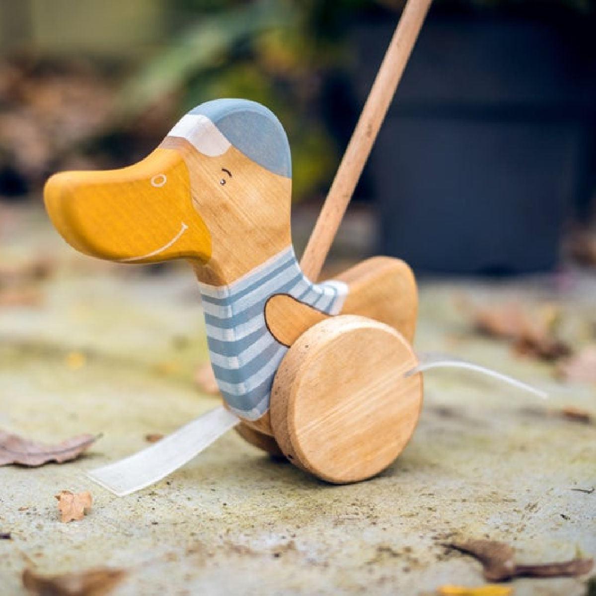 friendly toys wooden push along toy duck in blue