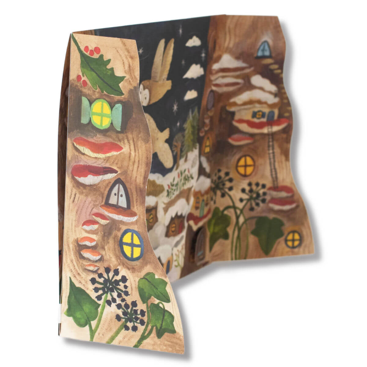 Winter magic advent calendar with colorful designs of a rabbit, houses, and nature elements on a white background by Gemma Koomen