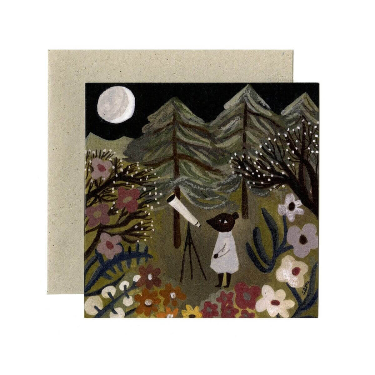 A square art print or card featuring a whimsical folk-art style illustration of a child in a white dress looking through a telescope at a night sky, with trees, flowers, and a full moon. The print is shown in front of a kraft paper envelope against a plain white background.
