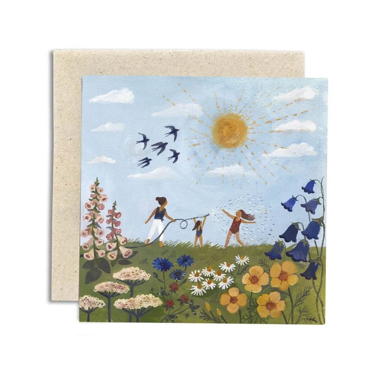Gemma Koomen illustrated greeting card hot summer with Kraft envelope for summer birthdays and celebrations.