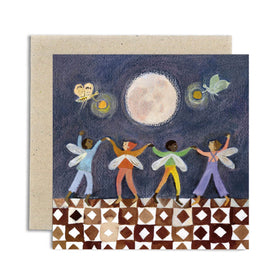 Greeting card with fairies under a moonlit sky, featuring a patterned border by British illustrator Gemma Koomen.