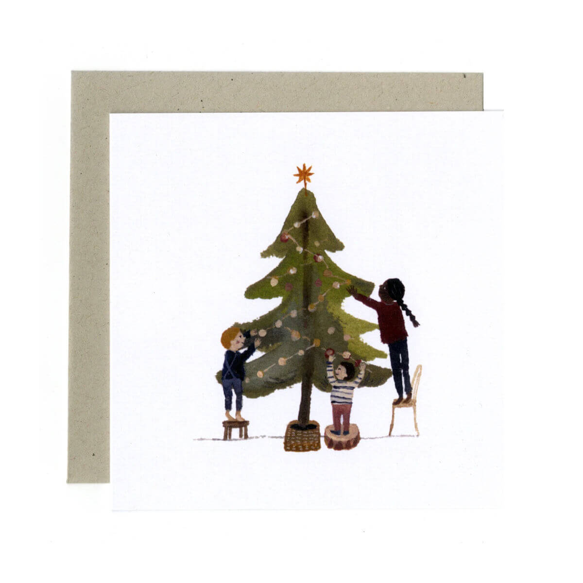 Greeting card with illustration of children decorating a Christmas tree with a star on top by Gemma Koomen