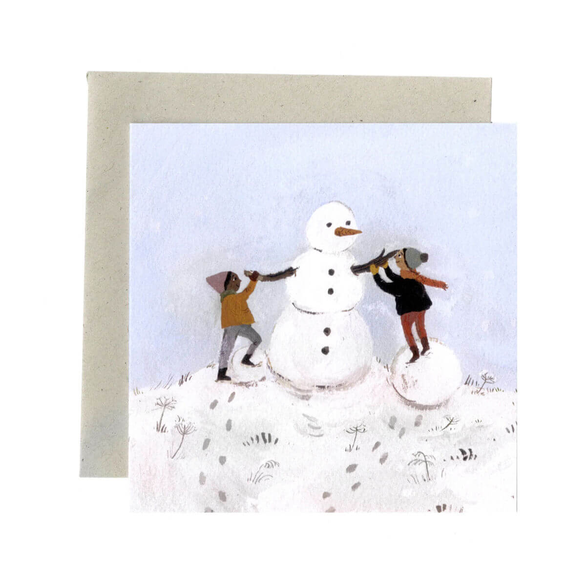 Greeting card with illustration of a snowman and two people on a snowy background by Gemma Koomen.