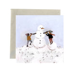 Greeting card with illustration of a snowman and two people on a snowy background by Gemma Koomen.
