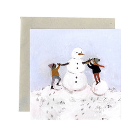 Greeting card with illustration of a snowman and two people on a snowy background by British illustrator Gemma Koomen.