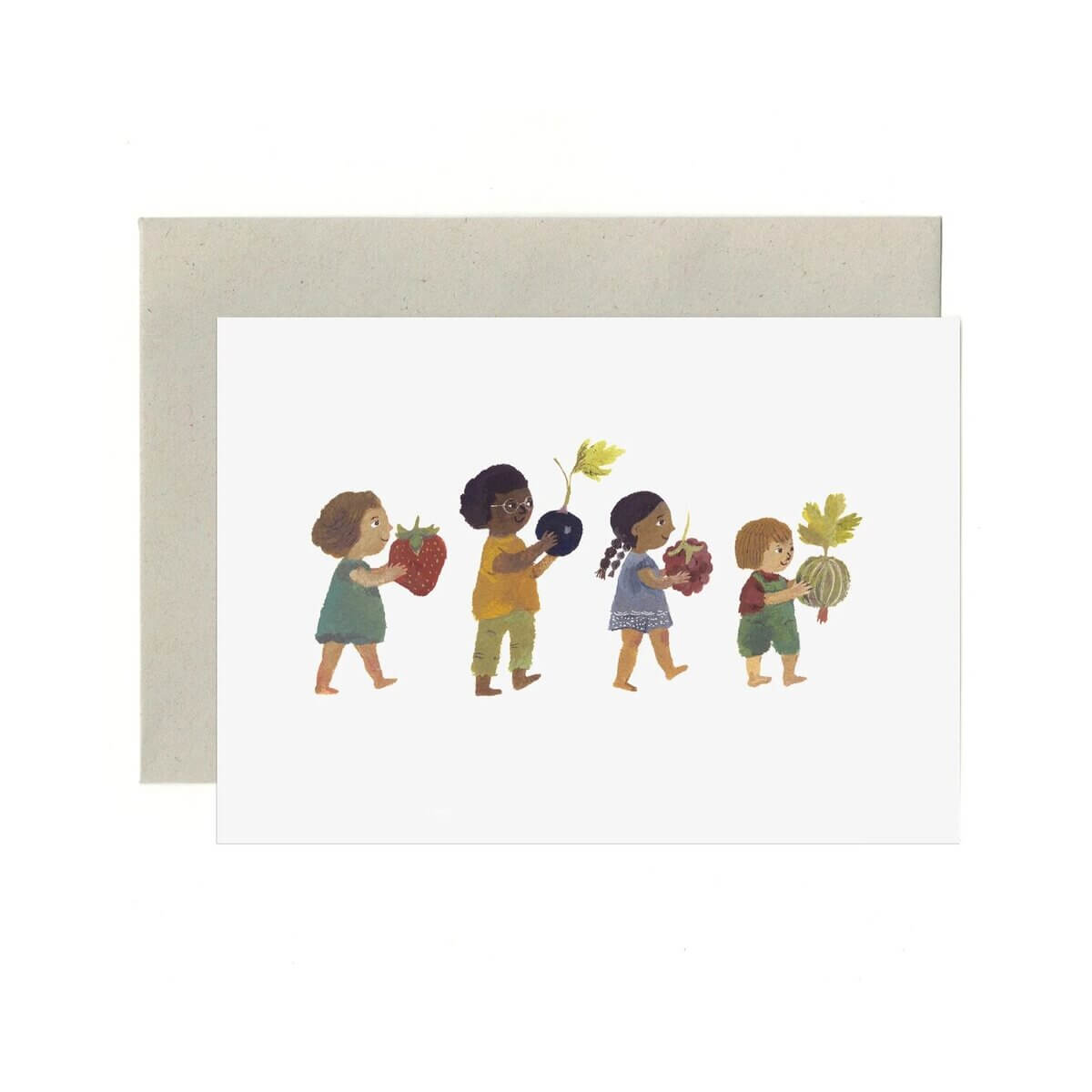 A white greeting card with a minimalist illustration of four children carrying produce, shown with a light beige envelope behind it on a white background.