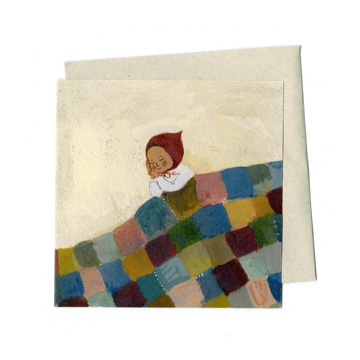 Gemma Koomen illustrated greeting card the quilt with Kraft envelope for christenings, births and newborn celebrations 