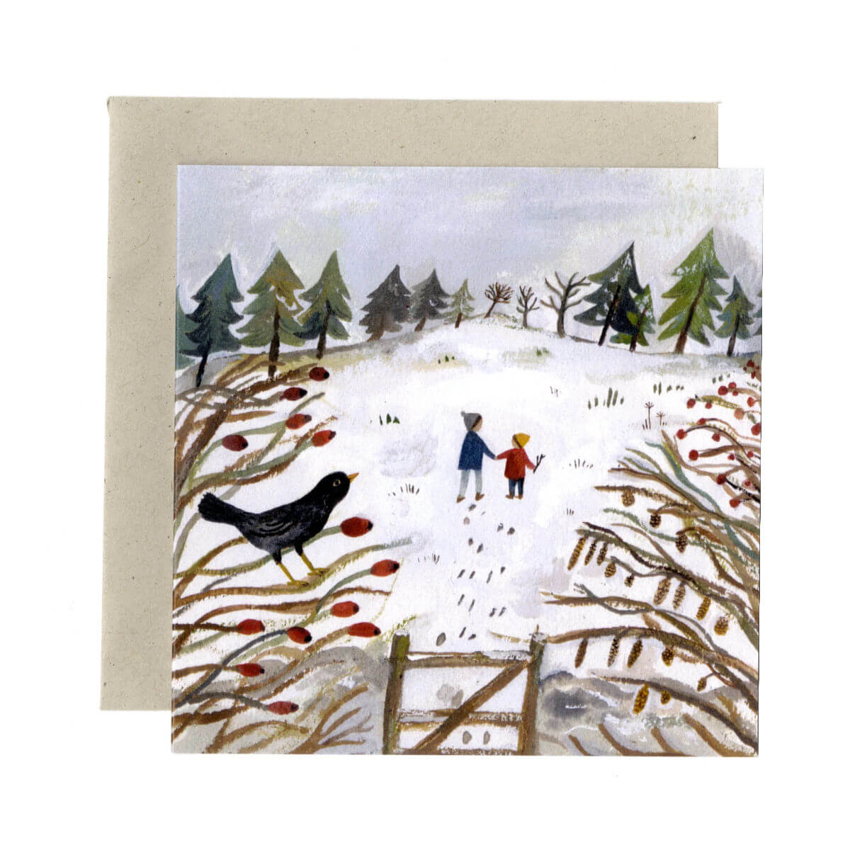 Greeting card with winter scene illustration featuring a bird, two people, and trees, Christmas card by Gemma Koomen,