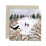 Greeting card with winter scene illustration featuring a bird, two people, and trees, Christmas card by Gemma Koomen,