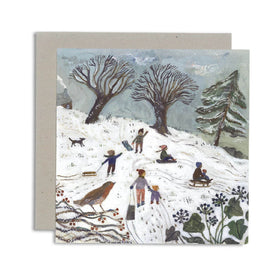 Greeting card with winter scene illustration of people and animals on a snowy landscape by British illustrator Gemma Koomen.