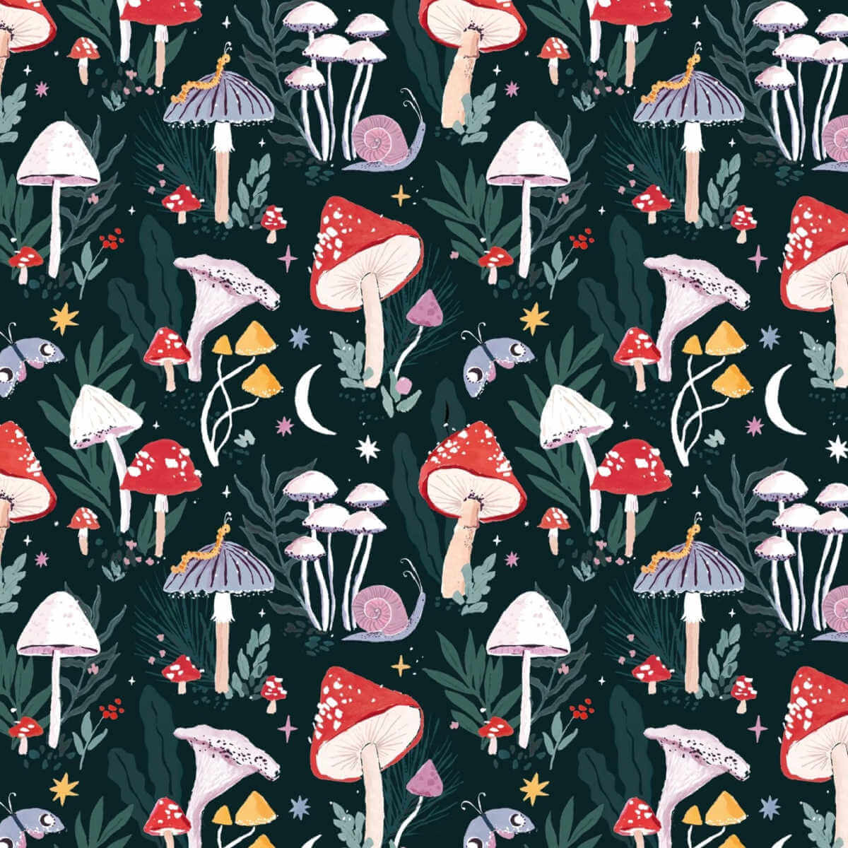 A repeating forest-themed pattern featuring red and white mushrooms, pale pink snails, lavender-purple mushrooms, green leaves, small yellow stars, and cream moons on a very dark teal background gift wrapping illustrated by sister paper co