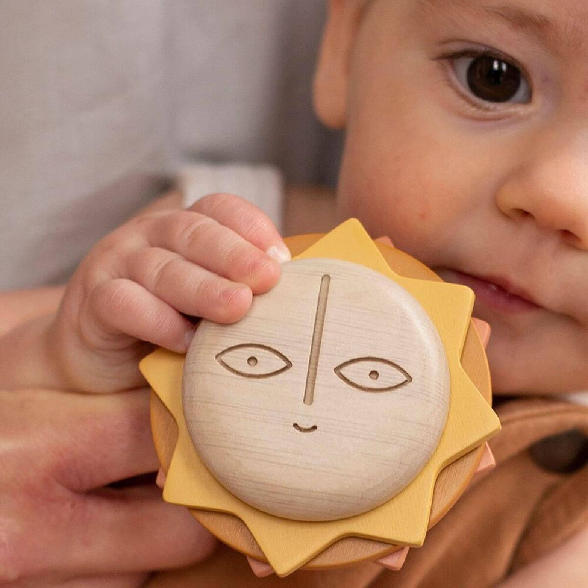 here comes the sun wooden baby teething toy by babai toys