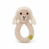 crochet baby rattle in lamb design in organic soft wool 