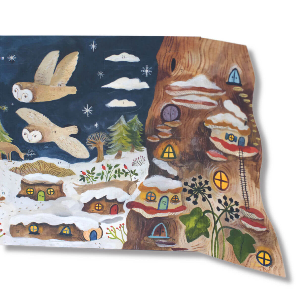 Winter magic advent calendar with a snowy forest scene, tree houses, and owls by Gemma Koomen