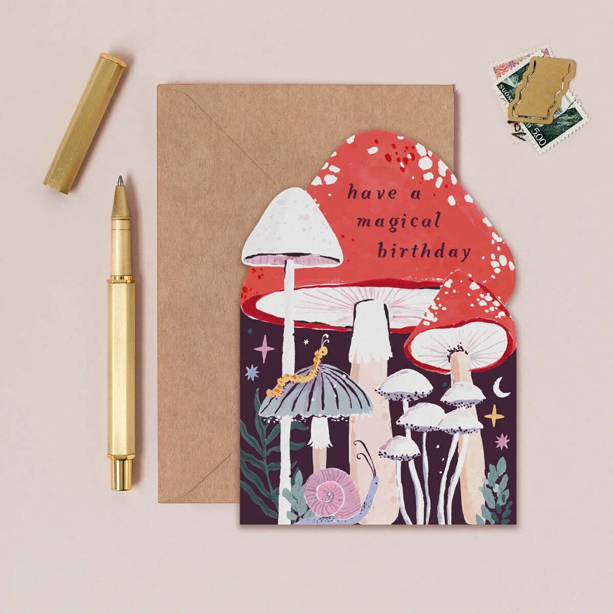 mushroom birthday card illustrated by sister paper co with Kraft envelope