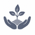 A minimalist vector-style icon showing a small green plant sprout growing from soil, cradled in two open hands, on a solid white background.