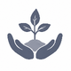 A minimalist vector-style icon showing a small green plant sprout growing from soil, cradled in two open hands, on a solid white background.