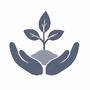 A minimalist vector-style icon showing a small green plant sprout growing from soil, cradled in two open hands, on a solid white background.