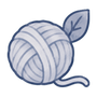 A stylized illustration of a ball of white yarn with a single leaf, outlined in dark blue, on a solid black background.