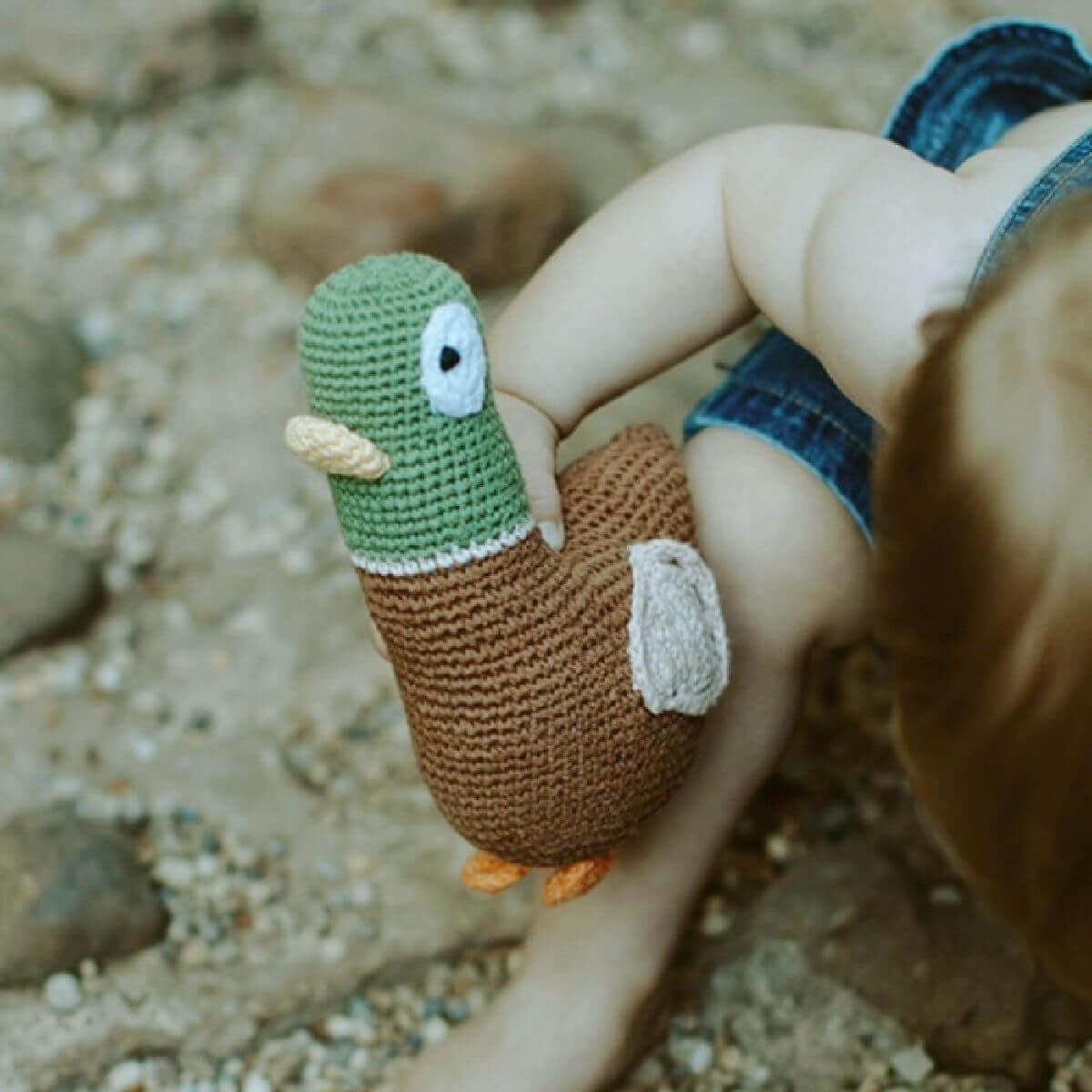 pebblechild fairtrade crochet mallard duck rattle 