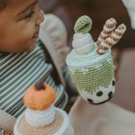 pebblechild matcha tea fairtrade crochet baby rattle