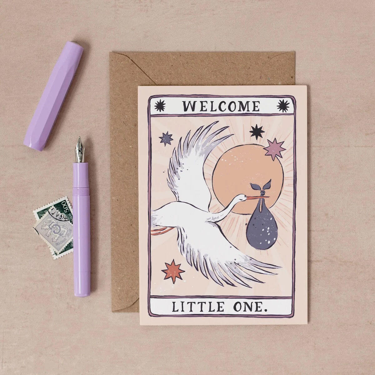 welcome little one greeting card with Kraft envelope illustrated by sister paper co 
