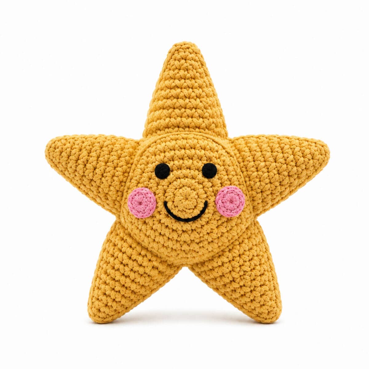 crochet baby rattle in yellow star design with smiley face