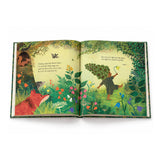The green child children's picture book showing two illustrated forest scenes with text. The left page features a fox, a bird, and a figure in a meadow, while the right page shows a child holding a tree-like plant in a green woodland.