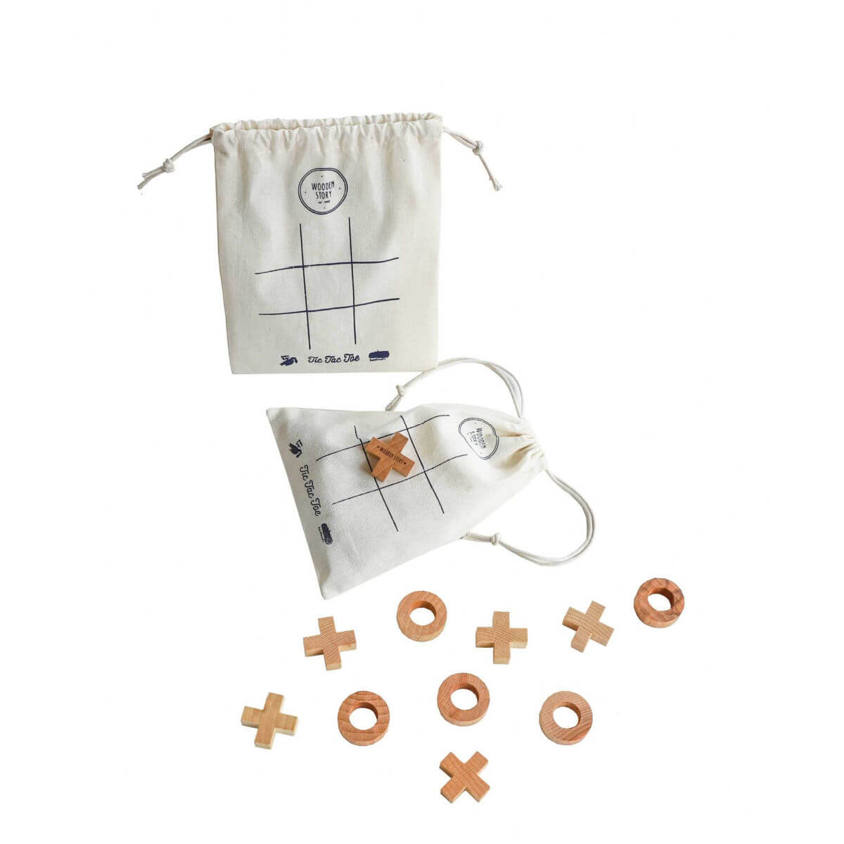 Wooden Tic Tac Toe travel game in cotton bag by Wooden Story