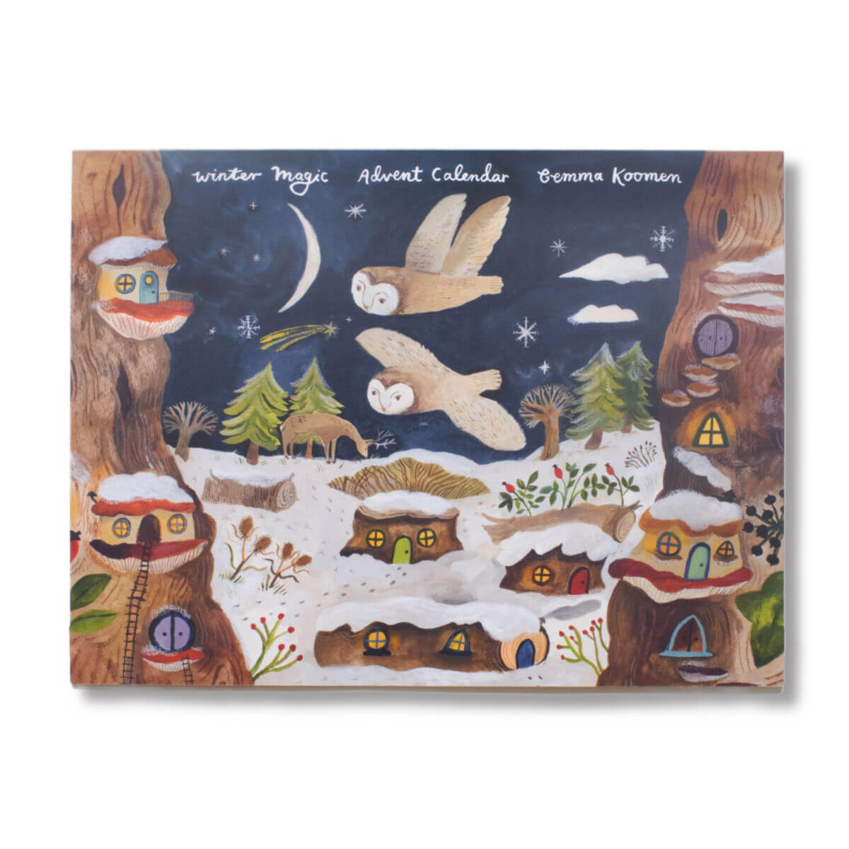 Winter-themed Advent Calendar with snowy landscape and animal illustrations on a white background by Gemma koomen