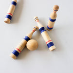vintage wooden bowling set toy in blue by wooden story