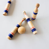 vintage wooden bowling set toy in blue by wooden story