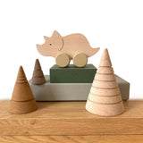 Wooden Push Along Toy Dinosaur - Triceratops by Briki Vroom Vroom