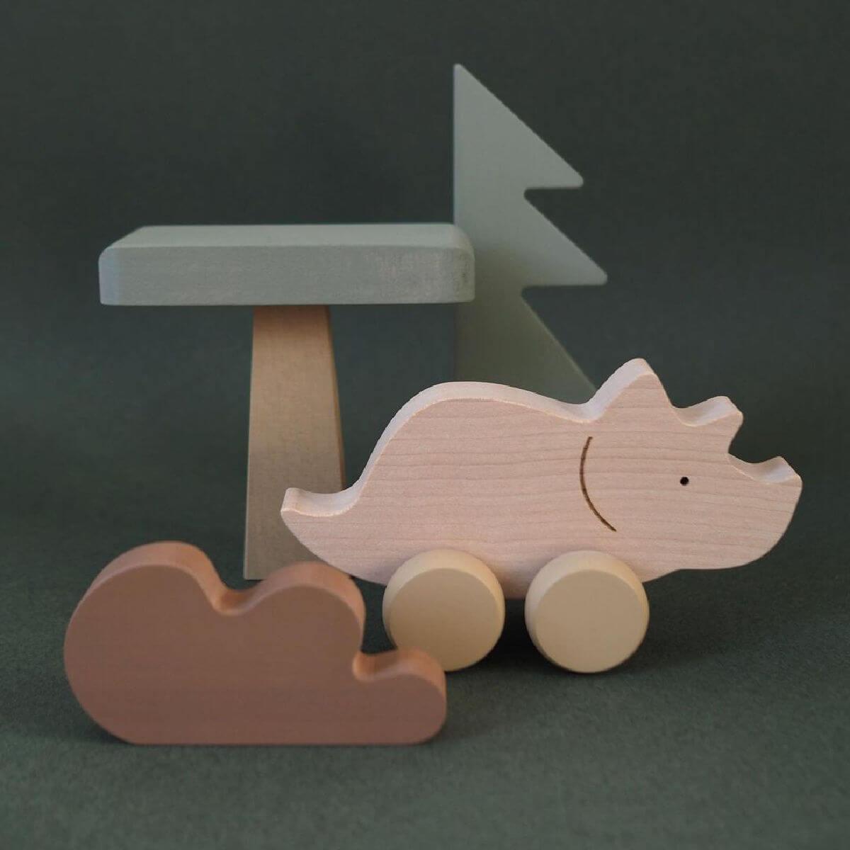 Wooden Push Along Toy Dinosaur - Triceratops by Briki Vroom Vroom