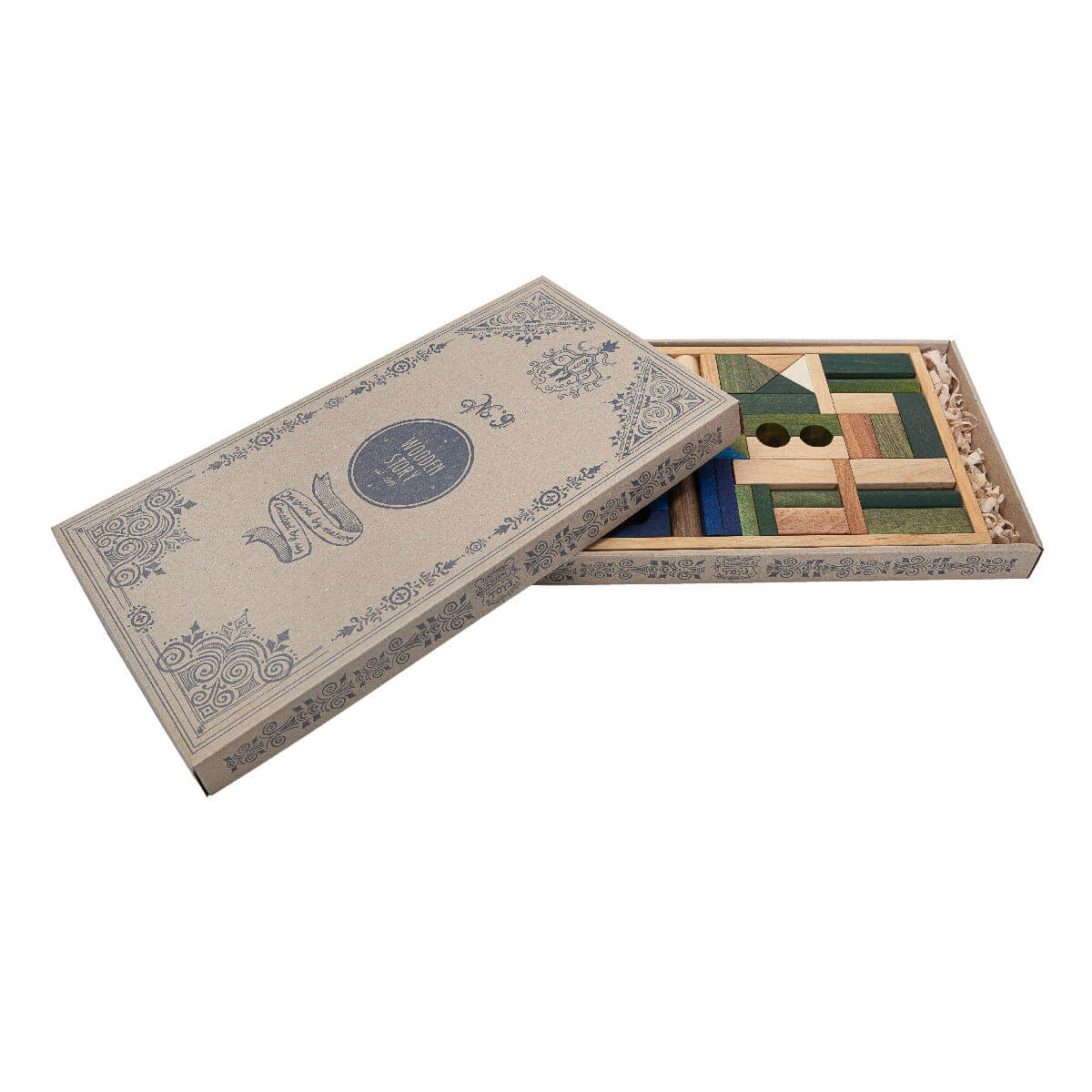 wooden building blocks in cool colours in tray by wooden story