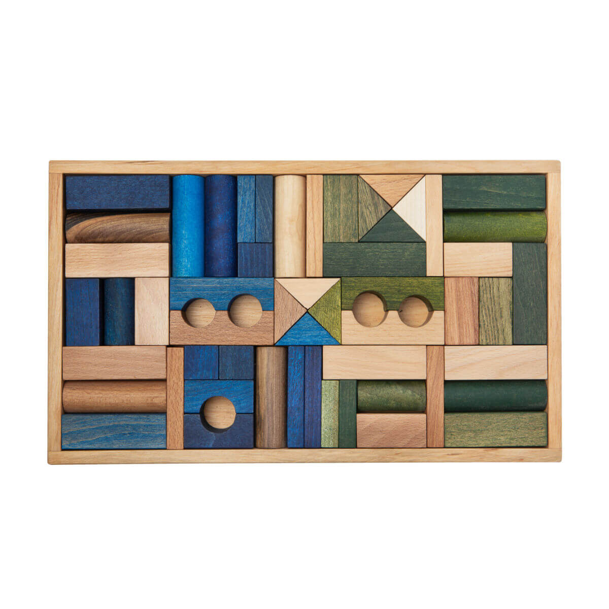 wooden building blocks in cool colours in tray by wooden story