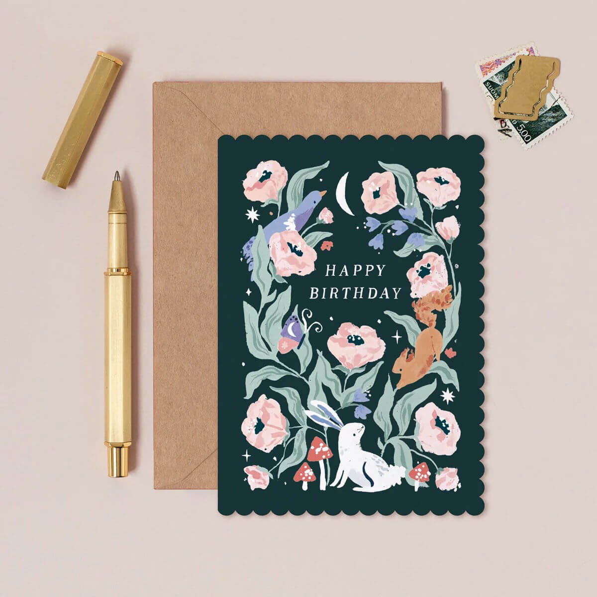 sister paper co illustrated woodland birthday card with scalloped edge and Kraft envelope.