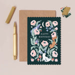 sister paper co illustrated woodland birthday card with scalloped edge and Kraft envelope.