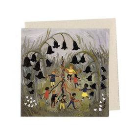 Greeting card featuring an illustration of small figures interacting with bluebells in a landscape, sent with a beige envelope by British illustrator Gemma Koomen.