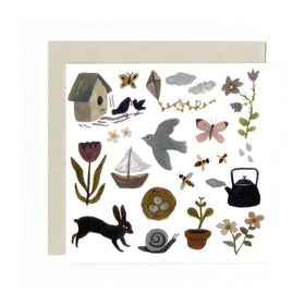 A greeting card featuring a variety of spring-themed illustrations including a house, birds, flowers, and other spring-related items by British illustrator Gemma Koomen.